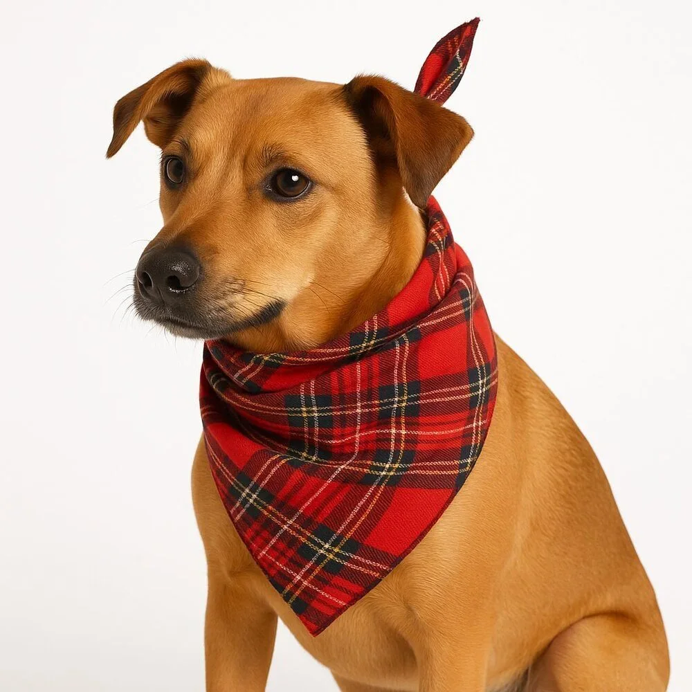 Red Black Plaid Tie-On Dog Bandana Classic Square Adjustable Pet Scarf Christmas